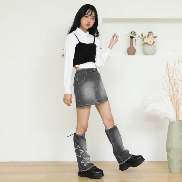 9/8NEW PINKHUNT 星レッグウォーマー付きデニムスカート 0950K